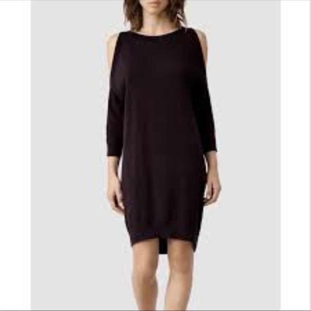 All saints Eleze black merino wool cold shoulder tunic dress